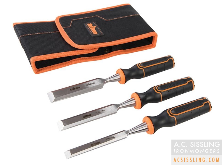 Triton TWCS3 3-Piece Wood Chisel Set in a Nylon Fabric Wallet 