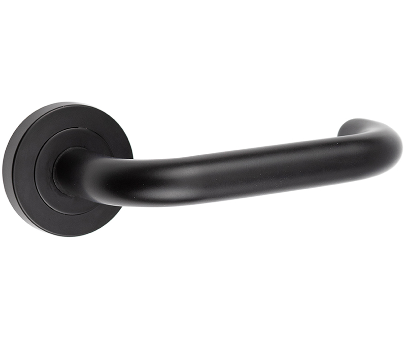 Frelan Nero JMB13 Orbit Return to Door Lever on Rose Matt Black 