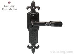 Ludlow Foundries Gothic Barley Twist on Fleur De Lys Backplate Lever Handles Black Antique